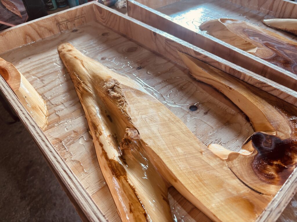 カイヅカイブキにレジンが薄く乗り、色味や濡れ色を確認している工程。