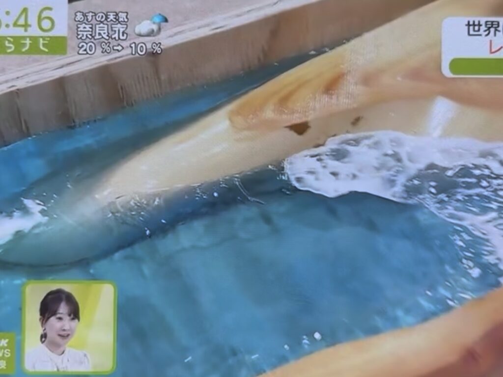 波打つように広がる青いレジンと無垢材のコントラストが映されたアップショット。