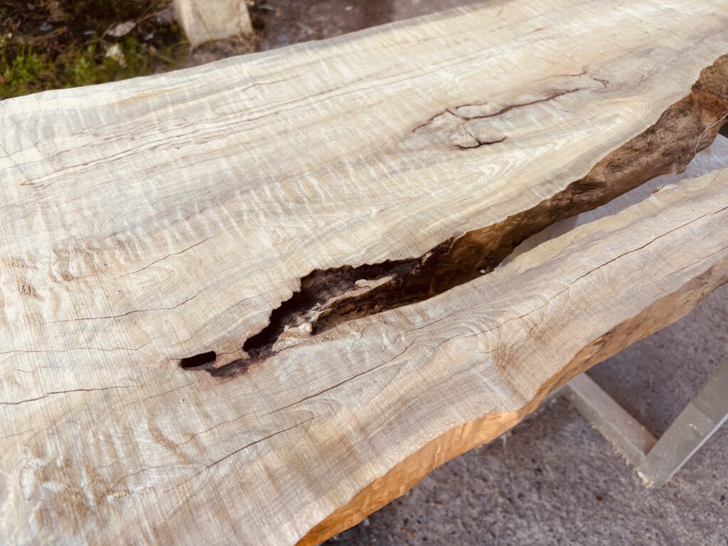 割れと縮緬杢が同時に確認できる磨き前のカエデ無垢板。レジンテーブル制作体験向きの素材。